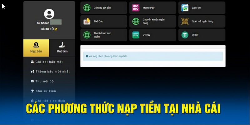 Có nhiều phương thức nạp tiền MU88